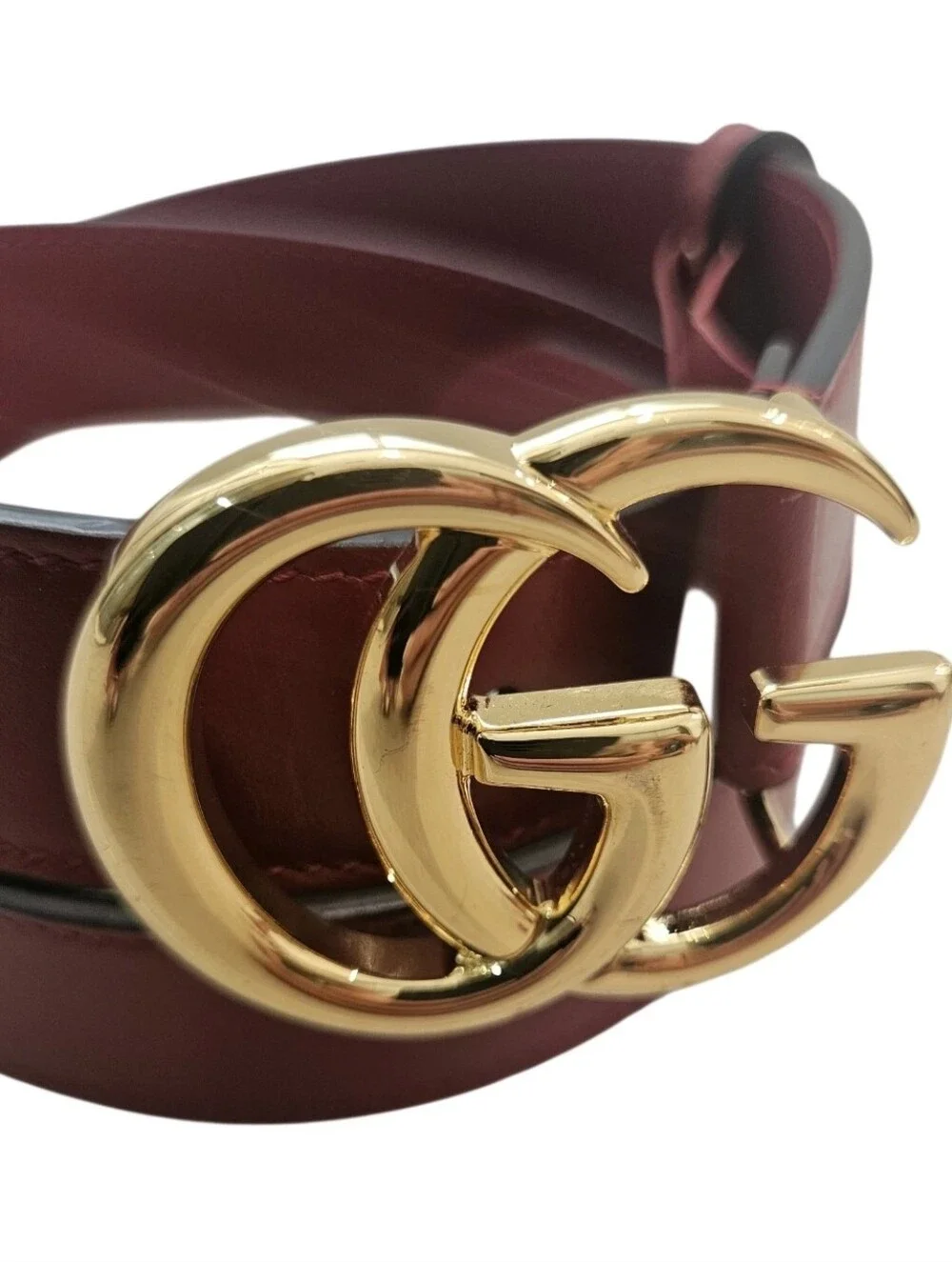 Gucci Rosso Ancora Dark Red Thin GG Marmont Leather Belt Shiny Gold Buckle